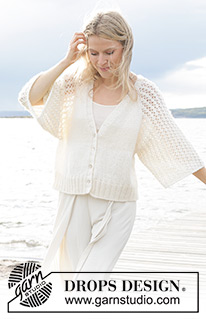 Morgenbris Cardigan / DROPS 239-11 - Knitted jacket in DROPS Air. The piece is worked top down with raglan, V-neck and lace pattern on the sleeves. Sizes S - XXXL.