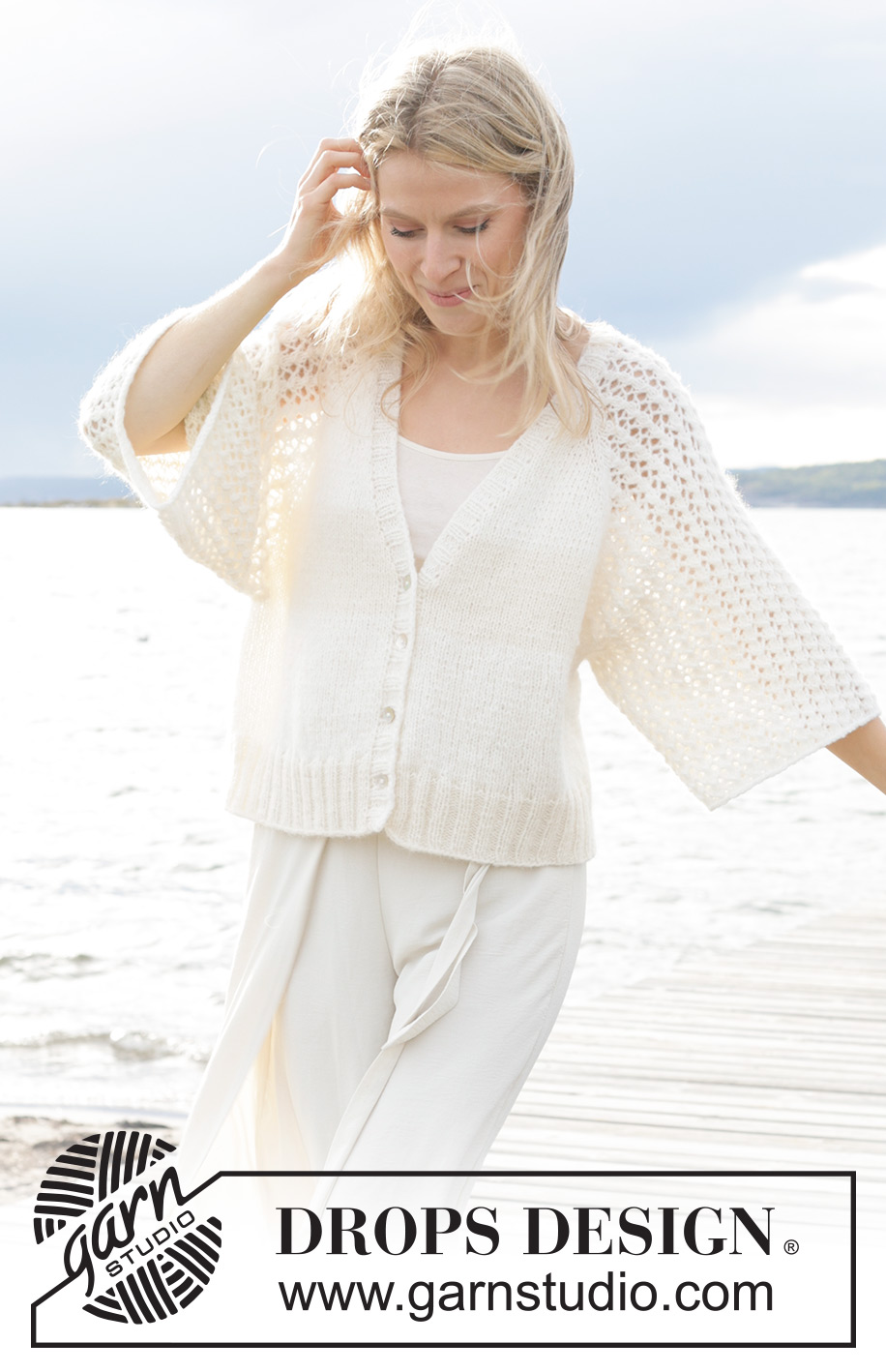 Morgenbris Cardigan / DROPS 239-11 - Knitted jacket in DROPS Air. The piece is worked top down with raglan, V-neck and lace pattern on the sleeves. Sizes S - XXXL.