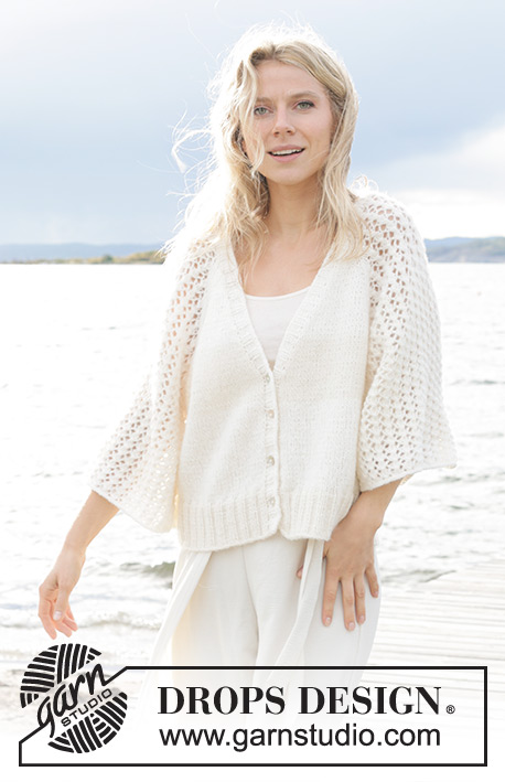 Morgenbris Cardigan / DROPS 239-11 - Knitted jacket in DROPS Air. The piece is worked top down with raglan, V-neck and lace pattern on the sleeves. Sizes S - XXXL.