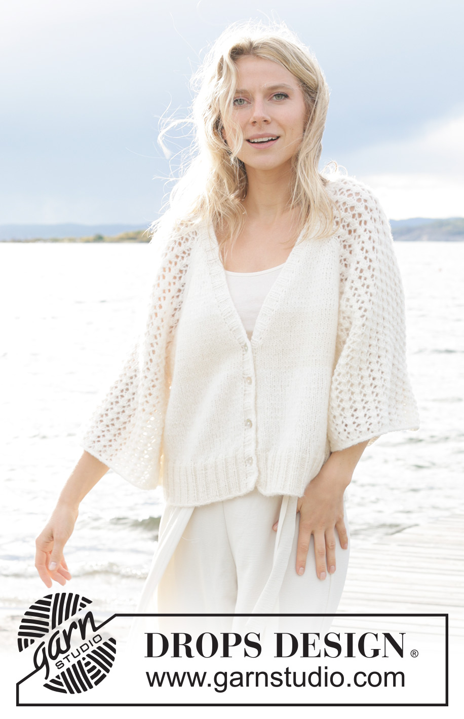 Morgenbris Cardigan / DROPS 239-11 - Knitted jacket in DROPS Air. The piece is worked top down with raglan, V-neck and lace pattern on the sleeves. Sizes S - XXXL.