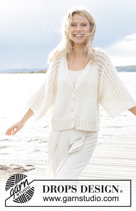 Morgenbris Cardigan / DROPS 239-11 - Knitted jacket in DROPS Air. The piece is worked top down with raglan, V-neck and lace pattern on the sleeves. Sizes S - XXXL.
