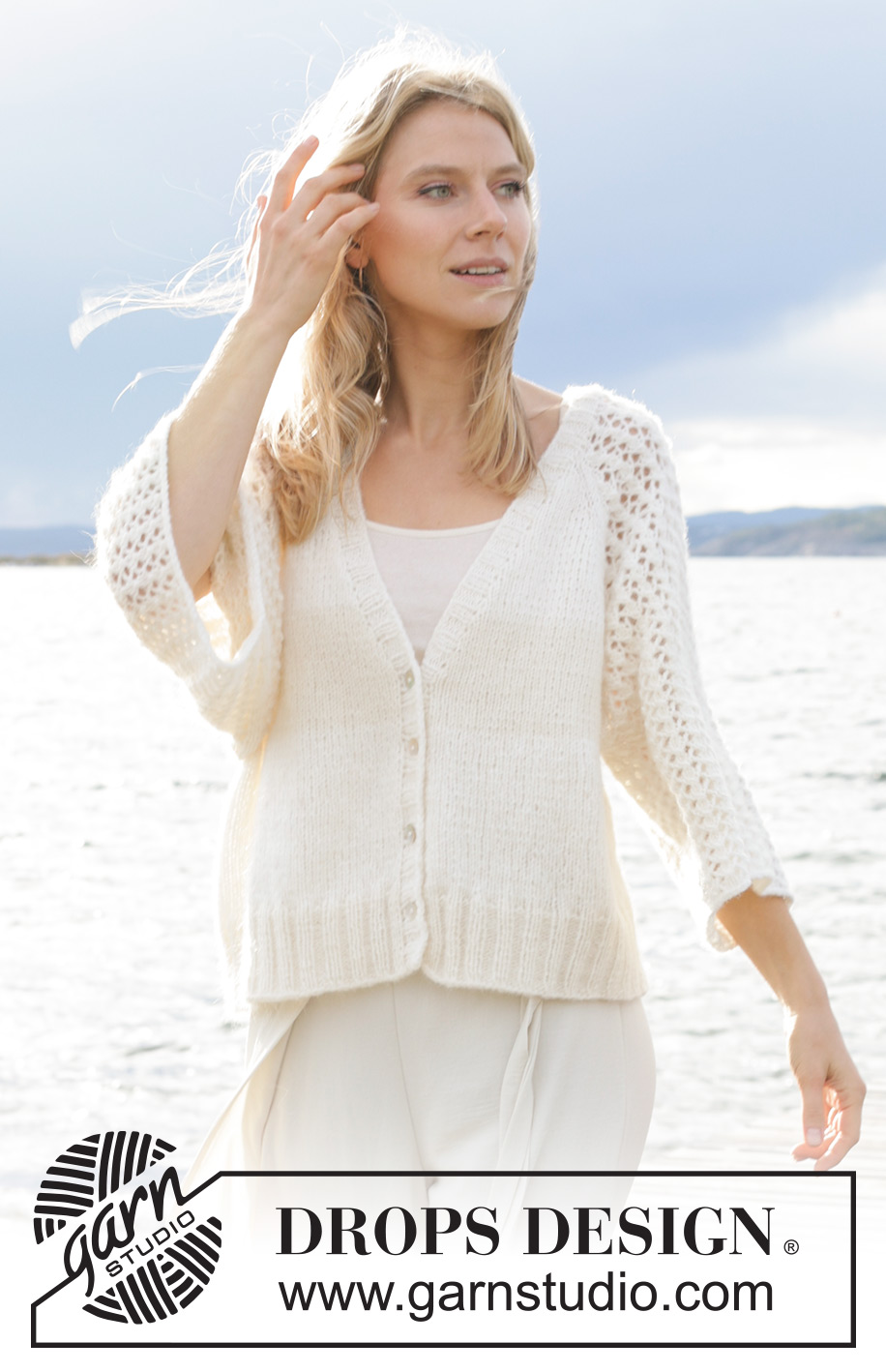 Morgenbris Cardigan / DROPS 239-11 - Knitted jacket in DROPS Air. The piece is worked top down with raglan, V-neck and lace pattern on the sleeves. Sizes S - XXXL.