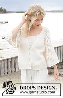 Morgenbris Cardigan / DROPS 239-11 - Knitted jacket in DROPS Air. The piece is worked top down with raglan, V-neck and lace pattern on the sleeves. Sizes S - XXXL.