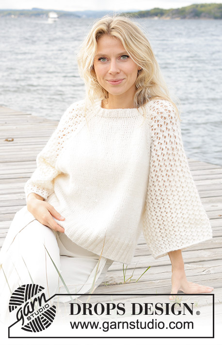 Morgenbris Sweater / DROPS 239-12 - Knitted jumper in DROPS Air. The piece is worked top down with raglan and lace pattern on the sleeves, Sizes S - XXXL.