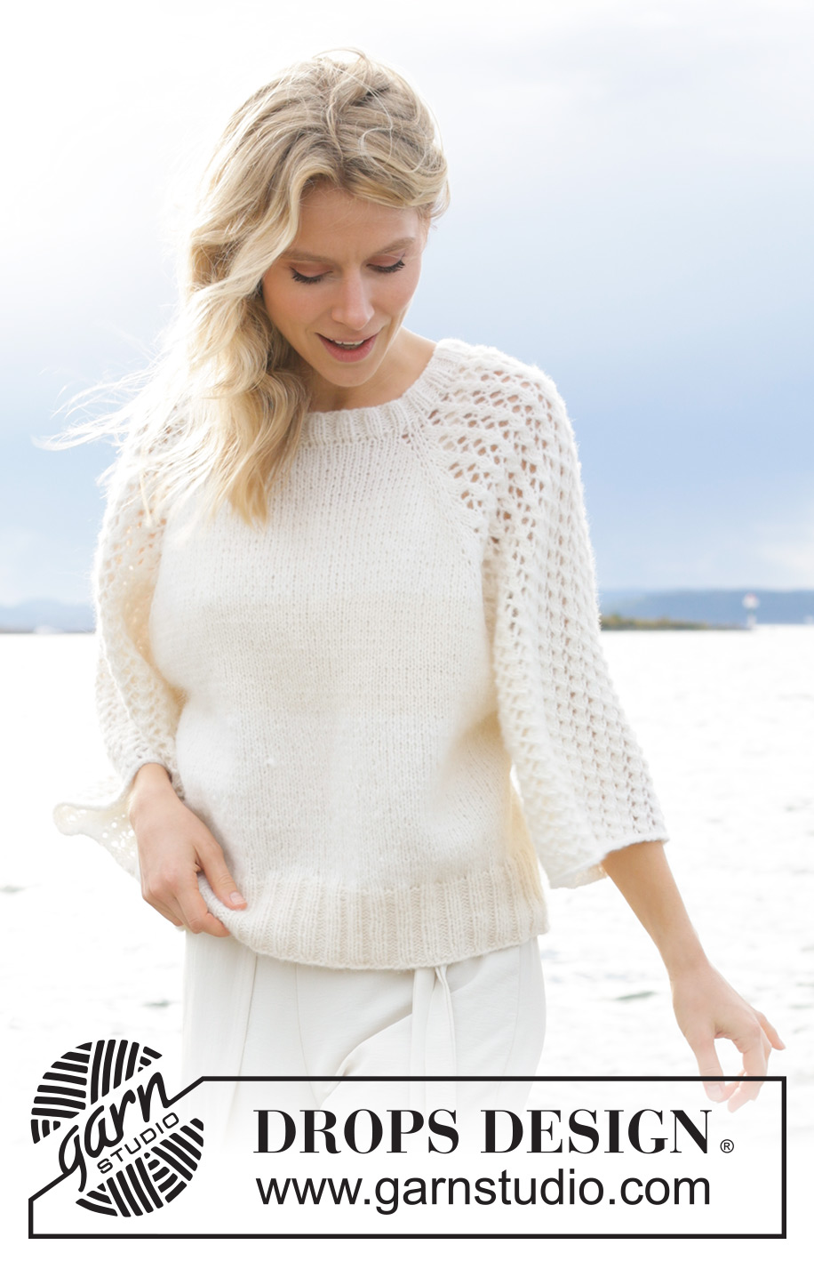 Morgenbris Sweater / DROPS 239-12 - Knitted jumper in DROPS Air. The piece is worked top down with raglan and lace pattern on the sleeves, Sizes S - XXXL.