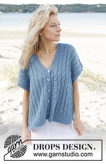 Swirling Sea Vest / DROPS 239-13 - Gilet sans manches oversize tricoté de bas en haut avec torsades, fente sur les côtés, épaules biaisées et col V, en DROPS Flora et DROPS Kid-Silk. Du XS au XXL.