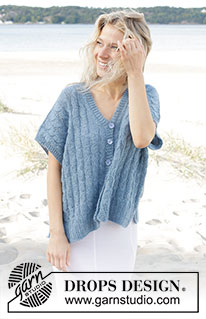 Swirling Sea Vest / DROPS 239-13 - Gilet sans manches oversize tricoté de bas en haut avec torsades, fente sur les côtés, épaules biaisées et col V, en DROPS Flora et DROPS Kid-Silk. Du XS au XXL.