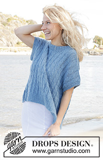Swirling Sea / DROPS 239-14 - Pull sans manches oversize tricoté de bas en haut avec torsades, col doublé et fentes sur les côtés, en DROPS Flora et DROPS Kid-Silk. Du XS – XXL.