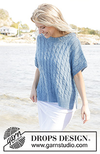 Swirling Sea / DROPS 239-14 - Pull sans manches oversize tricoté de bas en haut avec torsades, col doublé et fentes sur les côtés, en DROPS Flora et DROPS Kid-Silk. Du XS – XXL.