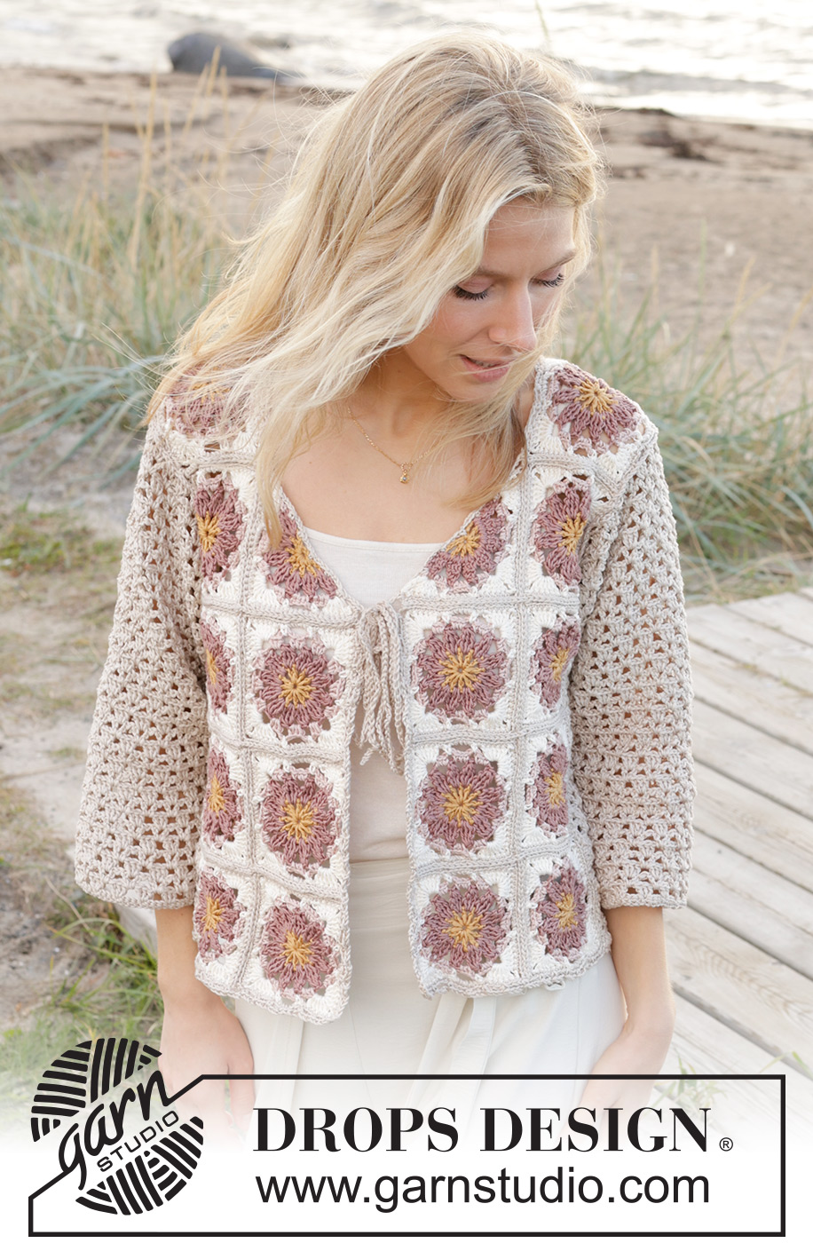 Tournesol Cardigan / DROPS 239-17 - Gehaakt vest met ¾-lengte mouwen in DROPS Muskat. Maten S - XXXL.