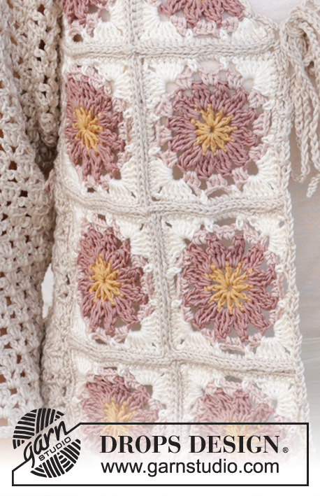 Tournesol Cardigan / DROPS 239-17 - Gehaakt vest met ¾-lengte mouwen in DROPS Muskat. Maten S - XXXL.