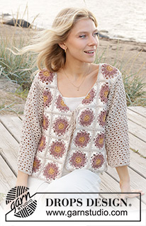 Tournesol Cardigan / DROPS 239-17 - Gehaakt vest met ¾-lengte mouwen in DROPS Muskat. Maten S - XXXL.