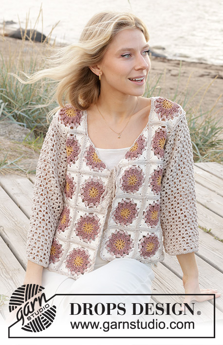 Tournesol Cardigan / DROPS 239-17 - Gehaakt vest met ¾-lengte mouwen in DROPS Muskat. Maten S - XXXL.