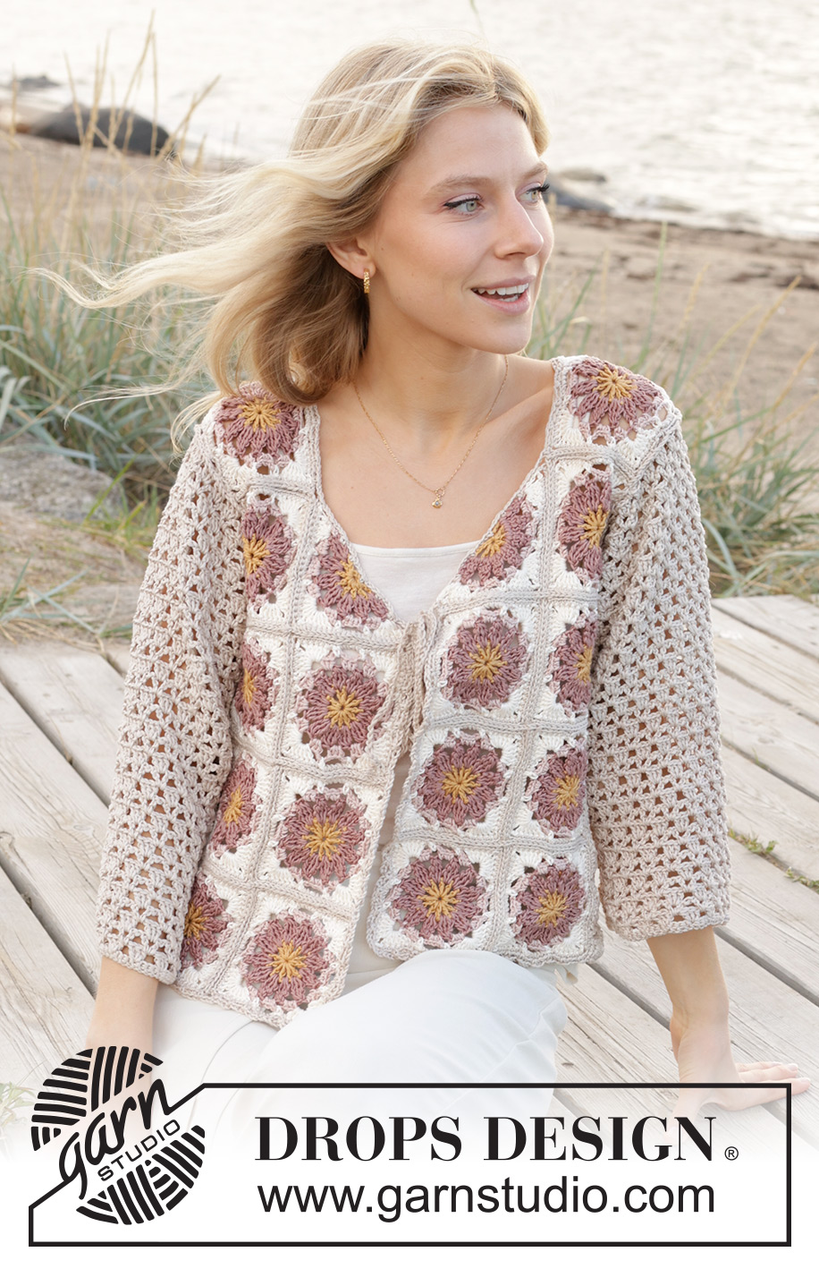Tournesol Cardigan / DROPS 239-17 - Gehaakt vest met ¾-lengte mouwen in DROPS Muskat. Maten S - XXXL.