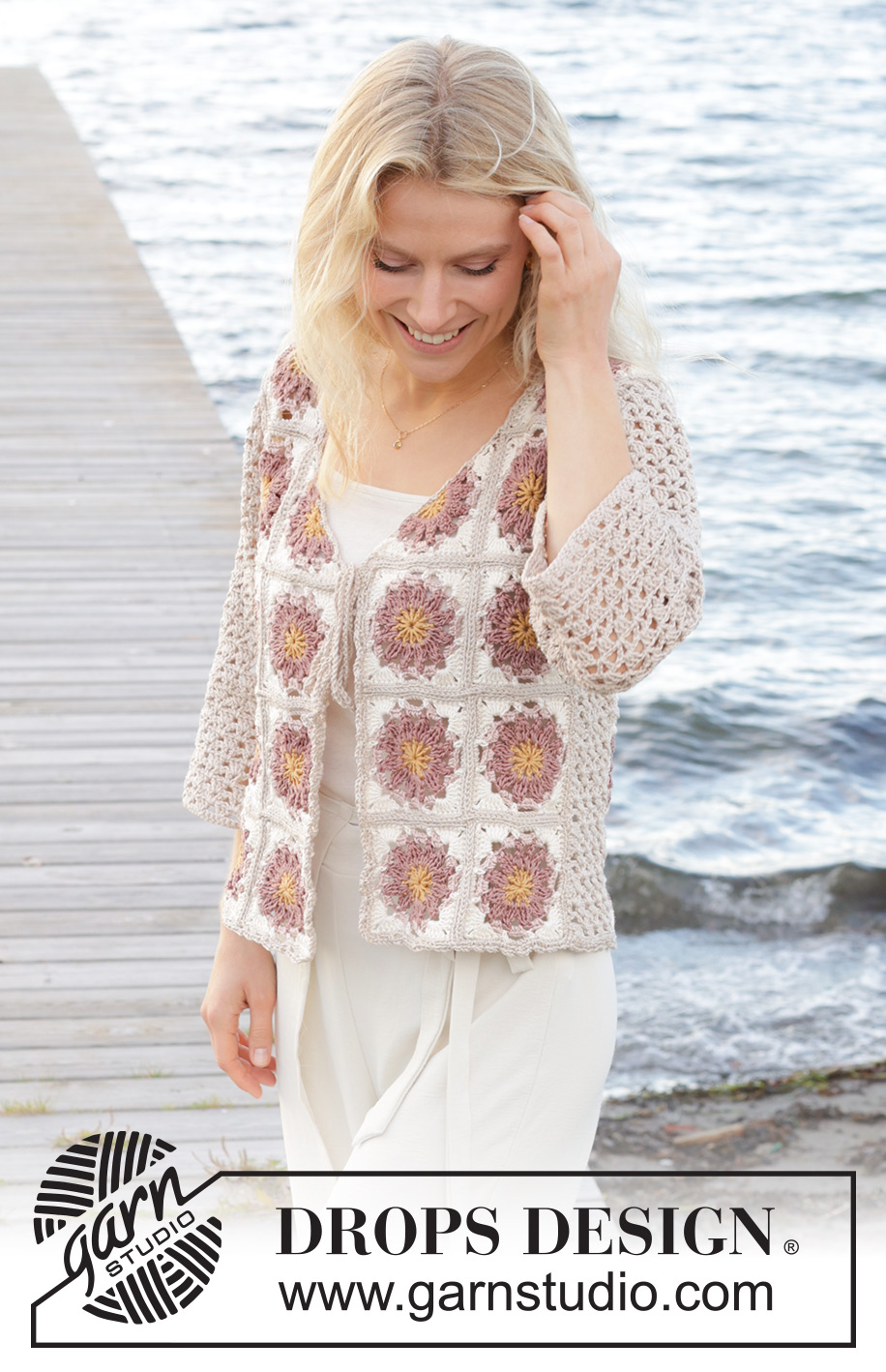 Tournesol Cardigan / DROPS 239-17 - Gehaakt vest met ¾-lengte mouwen in DROPS Muskat. Maten S - XXXL.