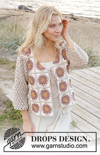 Tournesol Cardigan / DROPS 239-17 - Gehaakt vest met ¾-lengte mouwen in DROPS Muskat. Maten S - XXXL.