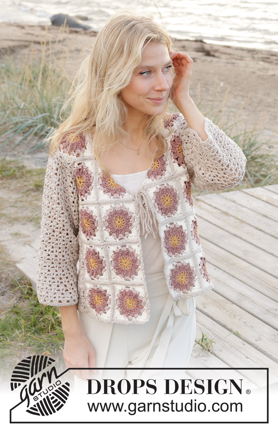 Tournesol Cardigan / DROPS 239-17 - Gehaakt vest met ¾-lengte mouwen in DROPS Muskat. Maten S - XXXL.