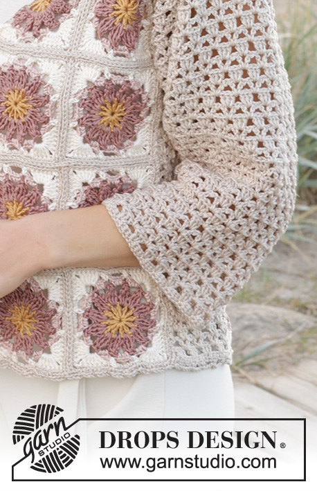 Tournesol Cardigan / DROPS 239-17 - Gehaakt vest met ¾-lengte mouwen in DROPS Muskat. Maten S - XXXL.