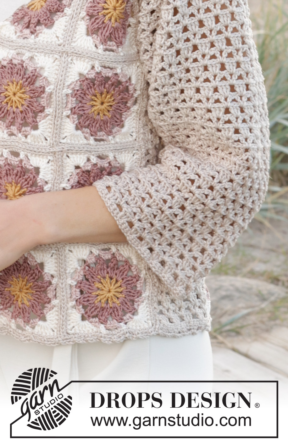 Tournesol Cardigan / DROPS 239-17 - Gehaakt vest met ¾-lengte mouwen in DROPS Muskat. Maten S - XXXL.