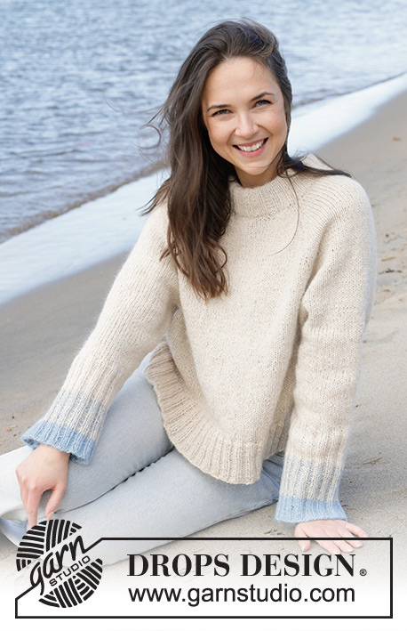 Rising Blue Tide / DROPS 239-20 - Knitted jumper with 1  strand DROPS Soft Tweed and 1 strand DROPS Kid-Silk. The piece is worked top down, with raglan and double neck. Sizes S - XXXL.
