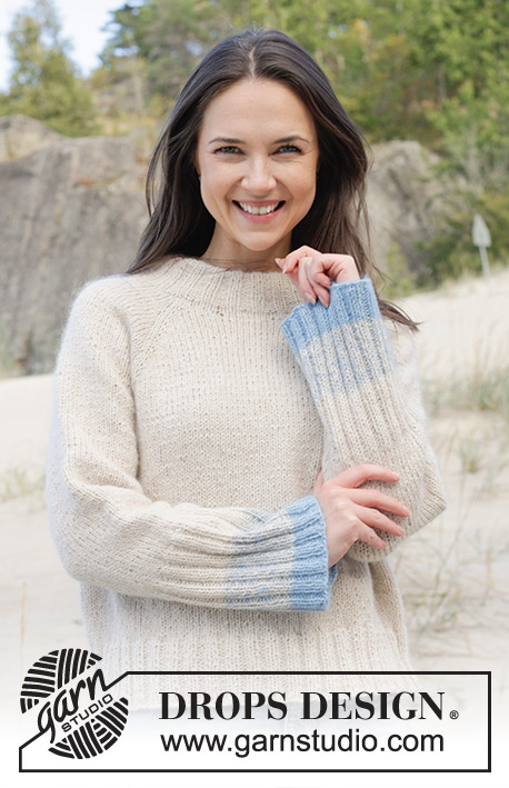 Rising Blue Tide / DROPS 239-20 - Knitted jumper with 1  strand DROPS Soft Tweed and 1 strand DROPS Kid-Silk. The piece is worked top down, with raglan and double neck. Sizes S - XXXL.