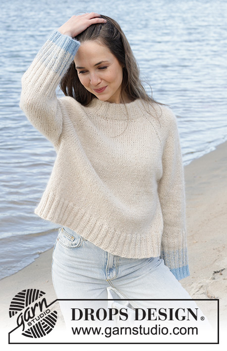 Rising Blue Tide / DROPS 239-20 - Knitted jumper with 1  strand DROPS Soft Tweed and 1 strand DROPS Kid-Silk. The piece is worked top down, with raglan and double neck. Sizes S - XXXL.