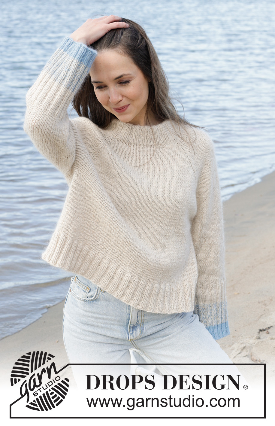 Rising Blue Tide / DROPS 239-20 - Knitted jumper with 1  strand DROPS Soft Tweed and 1 strand DROPS Kid-Silk. The piece is worked top down, with raglan and double neck. Sizes S - XXXL.