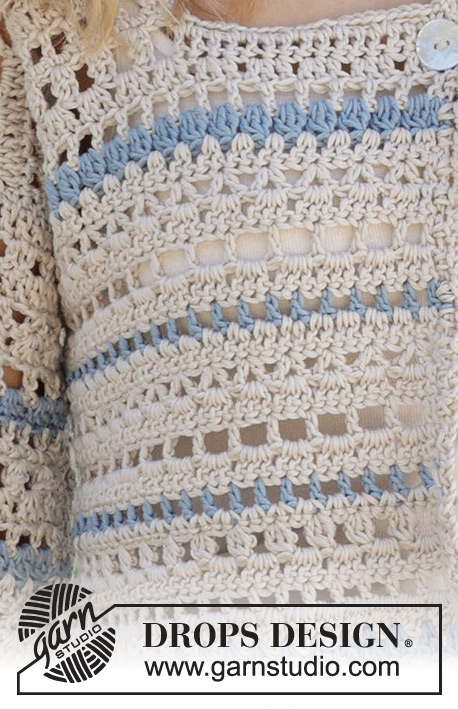 Jewels Tide Cardigan / DROPS 239-21 - Crocheted jacket in DROPS Muskat. The piece is worked top down with lace pattern, stripes and split in sides. Sizes S – XXXL.