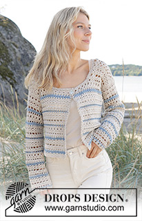 Jewels Tide Cardigan / DROPS 239-21 - Crocheted jacket in DROPS Muskat. The piece is worked top down with lace pattern, stripes and split in sides. Sizes S – XXXL.