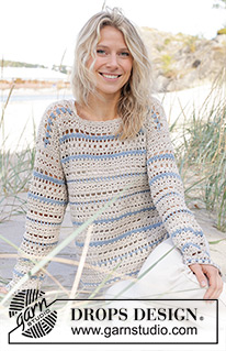 Jewels Tide Sweater / DROPS 239-22 - Crocheted jumper in DROPS Muskat. The piece is worked top down with lace pattern, stripes and split in sides. Sizes S – XXXL.