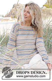 Jewels Tide Sweater / DROPS 239-22 - Crocheted jumper in DROPS Muskat. The piece is worked top down with lace pattern, stripes and split in sides. Sizes S – XXXL.