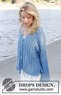 Bluebell Twist Cardigan / DROPS 239-23 - Alhaalta ylös neulottu oversize-jakku DROPS Nord- ja DROPS Kid-Silk -langoista. Työssä on palmikoita, sivuhalkiot, viistotut olkapäät ja V-aukko. Koot XS - XXL.