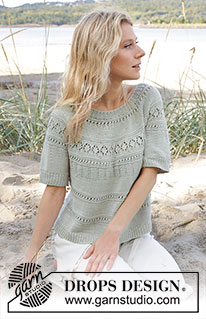 Green Grove Tee / DROPS 239-26 - Gestrickter Pullover mit kurzen Ärmeln in DROPS Muskat oder DROPS Cotton Merino. Die Arbeit wird von oben nach unten mit Rundpasse und Lochmuster gestrickt. Größe S - XXXL.