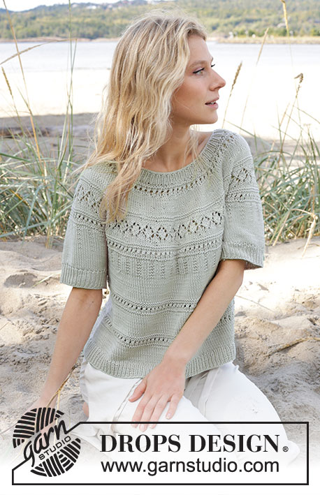 Green Grove Tee / DROPS 239-26 - Gestrickter Pullover mit kurzen Ärmeln in DROPS Muskat oder DROPS Cotton Merino. Die Arbeit wird von oben nach unten mit Rundpasse und Lochmuster gestrickt. Größe S - XXXL.