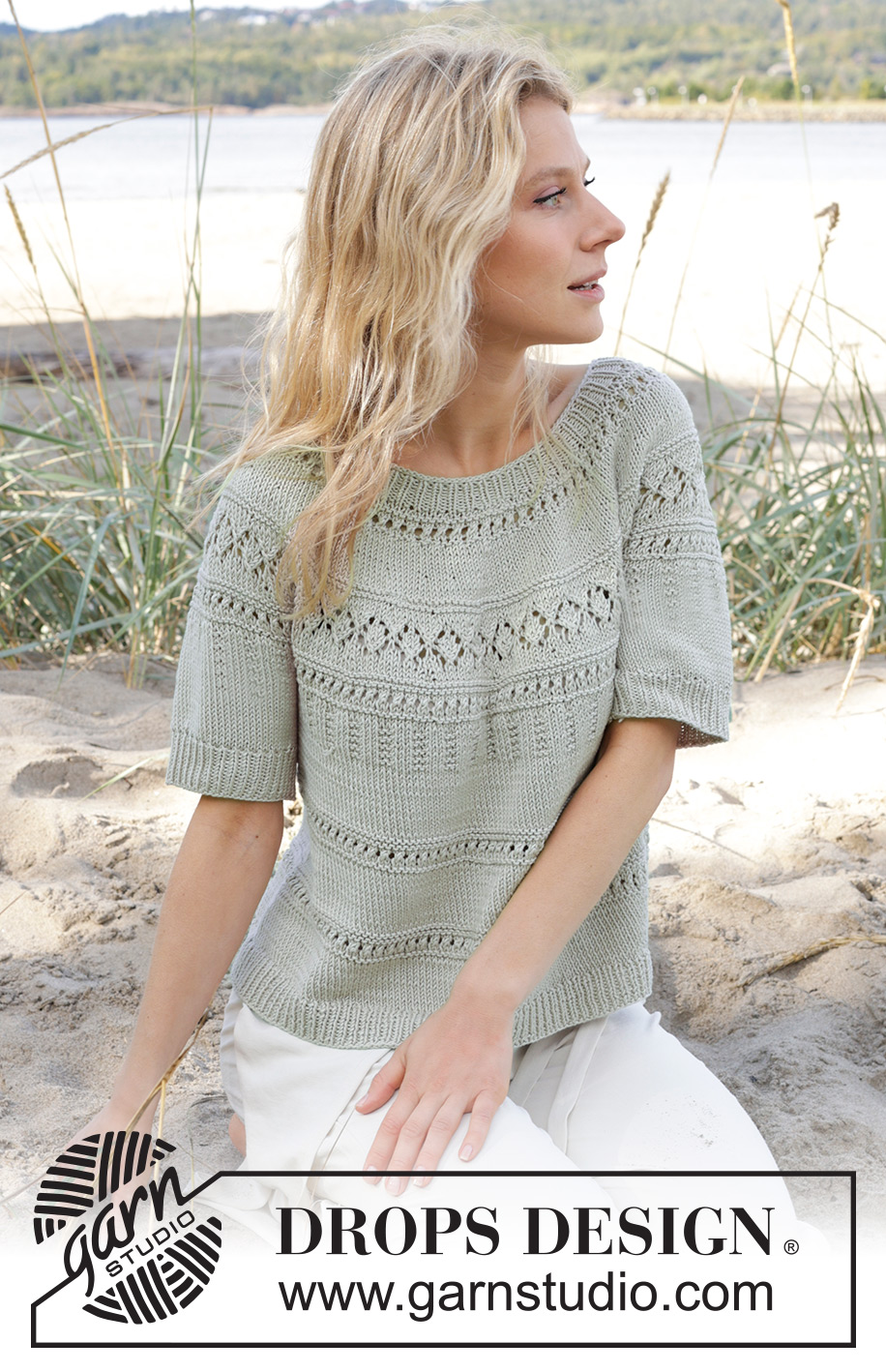 Green Grove Tee / DROPS 239-26 - Gestrickter Pullover mit kurzen Ärmeln in DROPS Muskat oder DROPS Cotton Merino. Die Arbeit wird von oben nach unten mit Rundpasse und Lochmuster gestrickt. Größe S - XXXL.