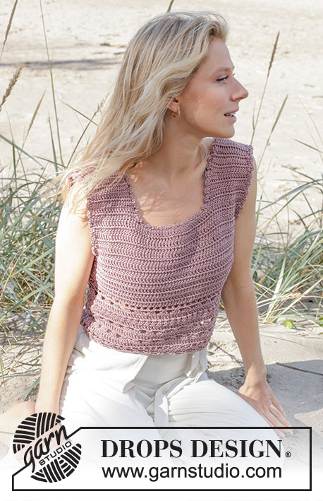Beach Rendezvous Top / DROPS 239-29 - Top crocheté de haut en bas avec point ajouré, en DROPS Muskat. Du S au XXXL.