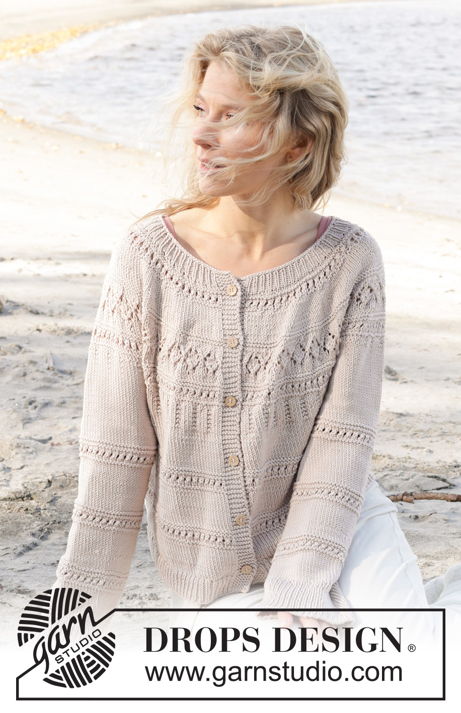 Sand Piper Cardigan / DROPS 239-3 - Knitted jacket in DROPS Muskat or DROPS Cotton Merino. The piece is worked top down, with round yoke and lace pattern. Sizes S - XXXL.