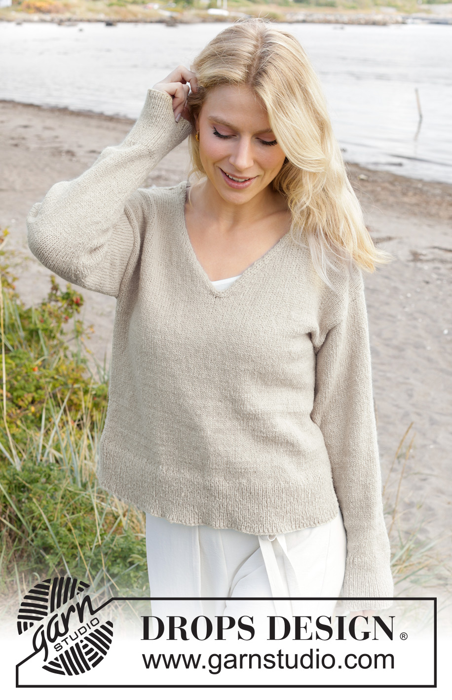 Idle Summer / DROPS 239-30 - Knitted jumper in DROPS Sky or DROPS Daisy. Piece is knitted top down with European shoulder / diagonal shoulder, V-neck and i-cord. Size: S - XXXL