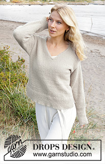 Idle Summer / DROPS 239-30 - Knitted jumper in DROPS Sky or DROPS Daisy. Piece is knitted top down with European shoulder / diagonal shoulder, V-neck and i-cord. Size: S - XXXL