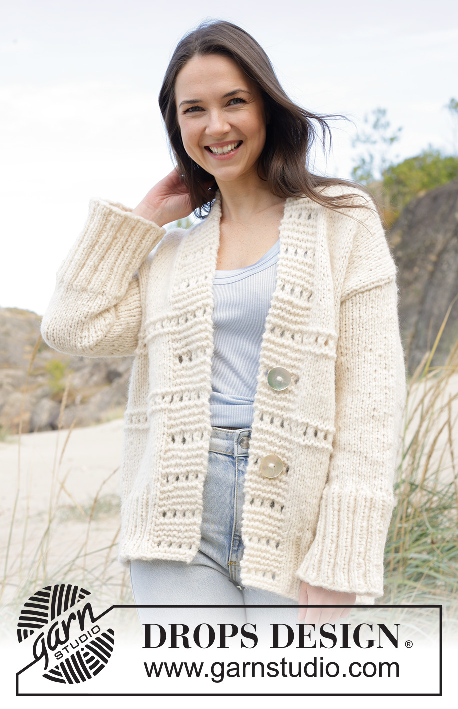 Ivory Collage Cardigan / DROPS 239-31 - Veste tricotée de haut en bas avec épaules européennes / épaules biaisées et point fantaisie relief, avec 1 fil DROPS Wish ou 2 fils DROPS Air. Du S au XXXL.