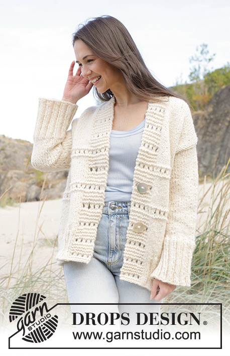 Ivory Collage Cardigan / DROPS 239-31 - Veste tricotée de haut en bas avec épaules européennes / épaules biaisées et point fantaisie relief, avec 1 fil DROPS Wish ou 2 fils DROPS Air. Du S au XXXL.
