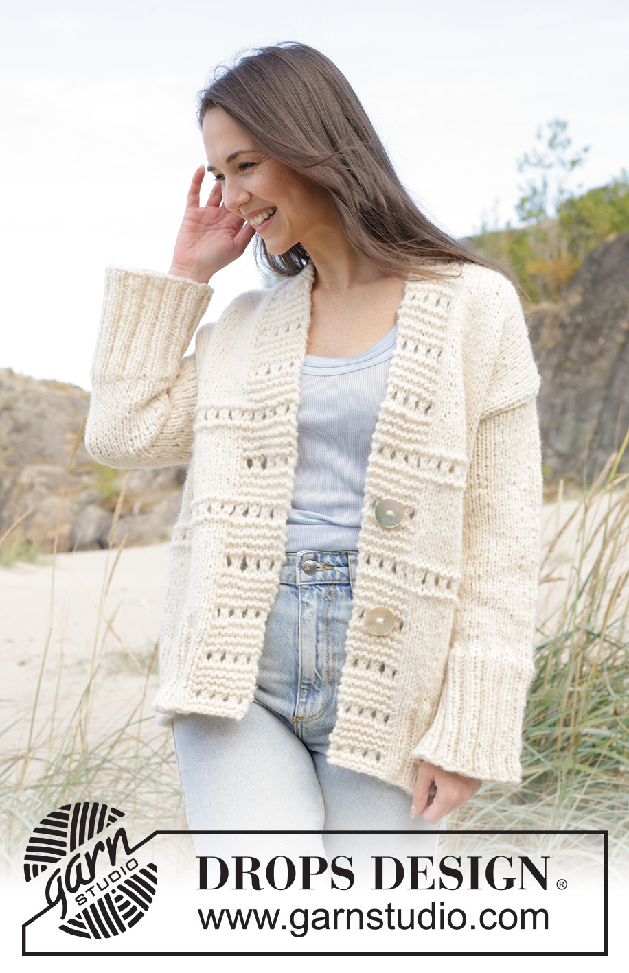 Ivory Collage Cardigan / DROPS 239-31 - Veste tricotée de haut en bas avec épaules européennes / épaules biaisées et point fantaisie relief, avec 1 fil DROPS Wish ou 2 fils DROPS Air. Du S au XXXL.
