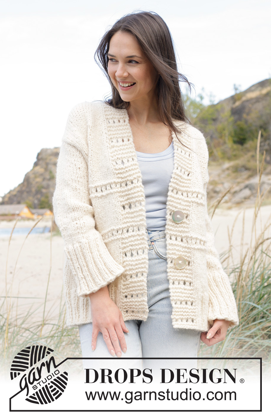 Ivory Collage Cardigan / DROPS 239-31 - Veste tricotée de haut en bas avec épaules européennes / épaules biaisées et point fantaisie relief, avec 1 fil DROPS Wish ou 2 fils DROPS Air. Du S au XXXL.