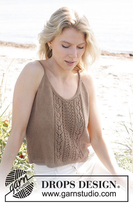 Coconut Adventure Top / DROPS 239-33 - Gebreide top in DROPS Safran. Het werk wordt van onder naar boven gebreid, met kantpatroon en punnikrand. Maten S - XXXL.