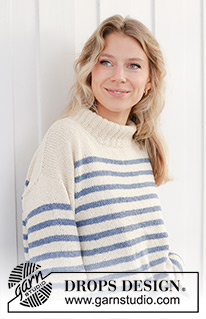 Sailor Stripes / DROPS 239-39 - Gebreide trui in DROPS Soft Tweed of DROPS Daisy. Het werk wordt van boven naar beneden gebreid met diagonale/Europeaanse schouders, strepen en hoge hals. Maten S - XXXL.
