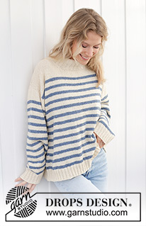 Sailor Stripes / DROPS 239-39 - Gebreide trui in DROPS Soft Tweed of DROPS Daisy. Het werk wordt van boven naar beneden gebreid met diagonale/Europeaanse schouders, strepen en hoge hals. Maten S - XXXL.