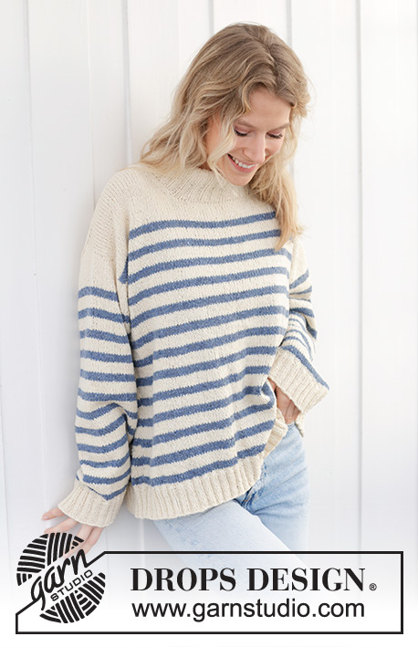 Sailor Stripes / DROPS 239-39 - Gebreide trui in DROPS Soft Tweed of DROPS Daisy. Het werk wordt van boven naar beneden gebreid met diagonale/Europeaanse schouders, strepen en hoge hals. Maten S - XXXL.