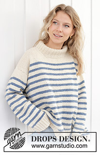 Sailor Stripes / DROPS 239-39 - Gebreide trui in DROPS Soft Tweed of DROPS Daisy. Het werk wordt van boven naar beneden gebreid met diagonale/Europeaanse schouders, strepen en hoge hals. Maten S - XXXL.