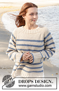 Marina Del Rey / DROPS 239-5 - Pulôver tricotado de cima para baixo com cavas raglan, riscas e fenda Nos lados, em DROPS Soft Tweed. Do S ao XXXL.