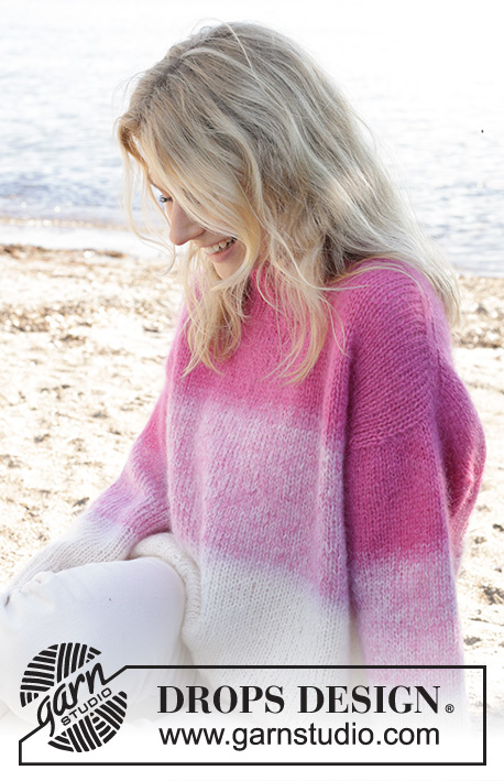 Pink Infusion / DROPS 240-1 - Pull tricoté de haut en bas avec épaules biaisées / européennes et rayures, avec 4 fils DROPS Kid-Silk. Du XS au XXL.